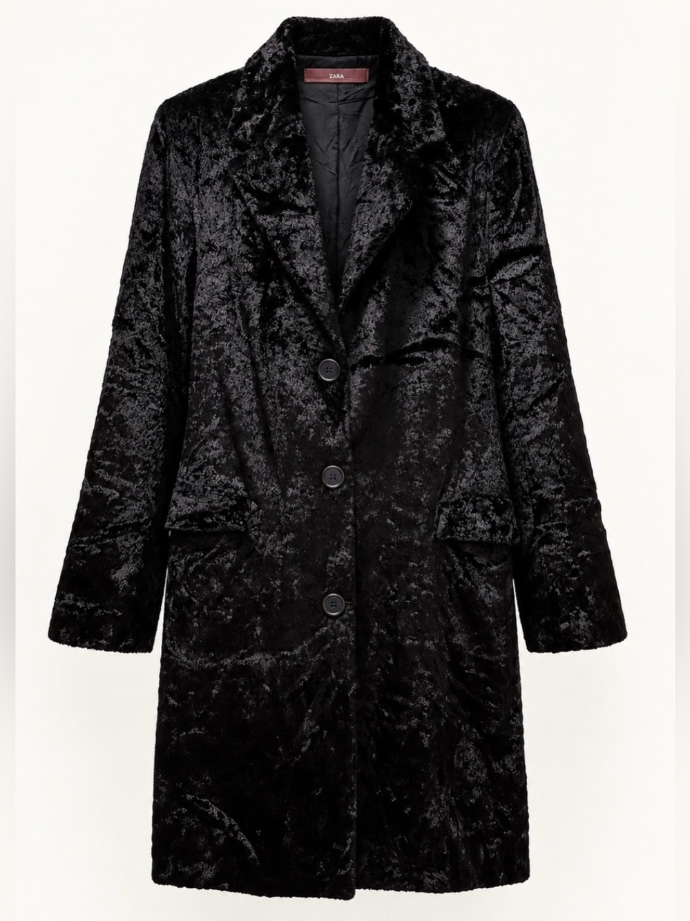 Vintage Zara Black Crushed Velvet Long Coat Size L
